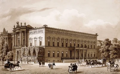 Unter den Linden, Berlino. Il palazzo del principe Wilhelm, costruito da Karl Langhans nel 1834-36, e la Biblioteca Reale, costruita da Georg Christian Unger 1775-78 secondo i piani di Josef Emanuel Fischer von Erlach, che si affaccia sulla Platz am Opernh