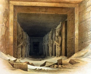 Gigantesche statue in pietra calcarea di Ramses II (Ramses - 1304-1237 a.C.). Litografia di Karl Richard Lepsius (1810-1884) egittologo prussiano. Ciascuna tiene in mano il bastone e il fiocco, simboli della regalità".
