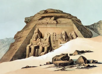 Tempio rupestre di Abu Simbel". Litografia di Karl Richard Lepsius (1810-1884) egittologo prussiano. Statue di Ramses (Ramses) II (1304 ca. - 1273 a.C.) all