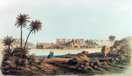 Veduta di Philae". Litografia di Karl Richard Lepsius (1810-1884) egittologo prussiano. Vista sul Nilo e sui templi dell