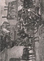 Profughi della Prussia orientale di ritorno a casa, in sosta nella piazza del mercato di Tapiau, illustrazione da Hindenburg pubblicata da Daterlandischer Derlag C U Weller Berlin