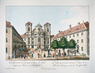 Veduta della Piaristenplatz e della chiesa "Maria Treu" (incisione)