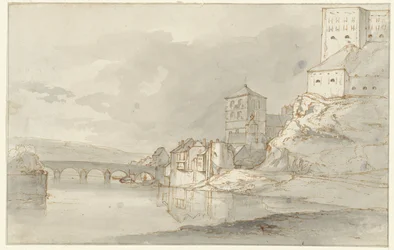 Veduta del fiume con ponte ad arco e fortificazioni sulla riva destra