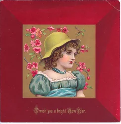 Cartolina di Natale vittoriana di una ragazza in abiti regency con un bouquet di fiori, c.1880