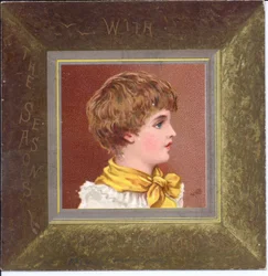 Cartolina di Capodanno vittoriana di una ragazza in abiti regency con un berretto blu, c.1880