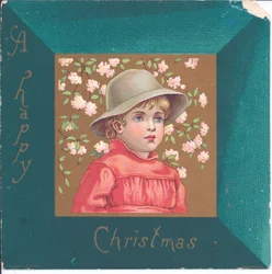 Cartolina di Capodanno vittoriana di una ragazza in abiti regency con una collana di perline blu, c.1880