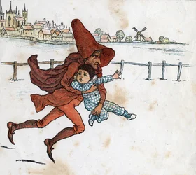 Un folletto prende un bambino piccolo. Illustrazione di Kate Greenaway (1846-1901) dal libro per bambini 