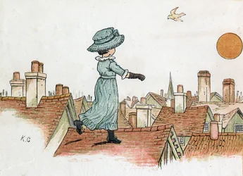 Una bambina cammina sui tetti di una città al mattino presto verso il sole. Illustrazione di Kate Greenaway (1846-1901) dal libro di racconti e filastrocche per bambini "Under The Window" (1879), edito da Edmund Evans