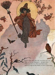 Una strega e la sua scopa circondata da gatti neri, pipistrello e gufo. (Ragazzi e ragazze, volete venire a cavalcare con me sulla mia scopa?) Illustrazione di Kate Greenaway (1846-1901) dal libro di racconti e filastrocche per bambini "Under The Window"