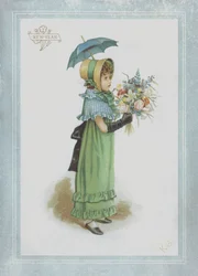 Ragazza in abito verde, con parasole e un mazzo di fiori