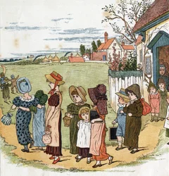 Fuori dalla scuola. Illustrazione di Kate Greenaway (1846-1901) dal libro di racconti e filastrocche per bambini "Under The Window" (1879), curato da Edmund Evans