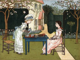 Momento della giornata: due ragazze che fanno merenda in un giardino. Illustrazione di Kate Greenaway (1846-1901) dal libro di racconti e filastrocche per bambini "Under The Window" (1879), edito da Edmund Evans.