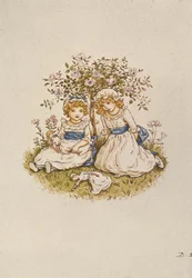 Due Ragazze con Bambole sedute sotto un cespuglio di rose, XIX secolo