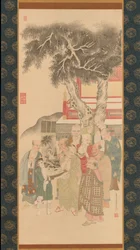 Dieci Rakan che esaminano un dipinto di Kannon in abito bianco