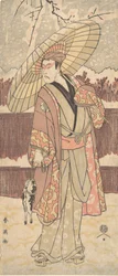 Il quarto Matsumoto Koshiro come un uomo che cammina sotto un ombrello