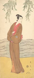 Il terzo Segawa Kikunojo come Hisamatsu in piedi sulla riva