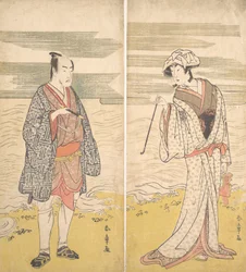 Due attori: il quarto Matsumoto Koshiro come un uomo vestito con un kimono corto