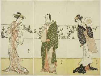 Gli attori Osagawa Tsuneyo II (a destra), Ichikawa Monnosuke II (al centro) e Segawa Kikunojo III (a sinistra), forse nei panni di Misao Gozen, Matsuya Soshichi e della cortigiana Kojoro di Hakata, nello spettacolo Chiyo no Hajime Ondo no Seto (Beginnings 