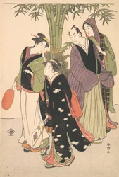 Attori kabuki Segawa Kikunojo III e Ichikawa Monnosuke II e due cortigiane che celebrano