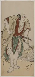 Otani Hiroji III come samurai in piedi accanto a un ruscello