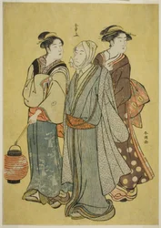 Un giovane vestito da attore della famiglia Ichikawa (di Shunsho), una cameriera e una geisha (di Shuncho)