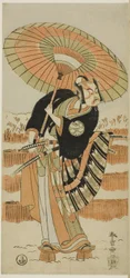 Gli attori Ichimura Uzaemon IX nel ruolo di Kajiwara Genta no Kagetoki (a sinistra), Segawa Kikunojô II nel ruolo di Yuki Onna (al centro) e Arashi Sangorô II nel ruolo di Minamoto no Yoritomo (a destra) in "Ovatta di Izu che protegge i crisantemi matrimon