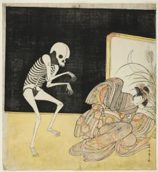 Ichikawa Danjūrō V come Scheletro, Spirito del Monaco Rinnegato Seigen, e Iwai Hanshirō IV come Principessa Ciliegia, in "Fiore di Edo: Una saga di Ichikawa" (Edo no Hana Mimasu Soga).