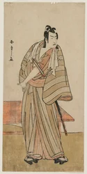 Ichikawa Yaozo II come Otokodate in piedi accanto a una panchina