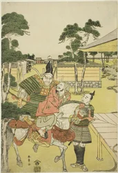 Musashibo Benkei porta il catturato Tosabo Shoshun a Yoshitsune nel dramma Horikawa Youchi no Zu Uki-e Nimaitsuzuki