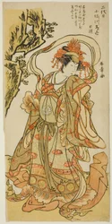 Osagawa Tsuneyo II come Itsukushima Tennyo nella commedia Kabuki "Tokimekuya o-Edo no hatsuyuki"