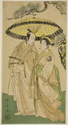Gli attori Arashi Hinaji I (destra) e Ichikawa Komazo II (sinistra), come Principessa Sakura (Sakura Hime) (?) e Shimizu Tonoinosuke (?), nella commedia Soga Moyo Aigo no Wakamatsu (?), rappresentata al Teatro Nakamura (?) nel terzo mese, 1769 (?)