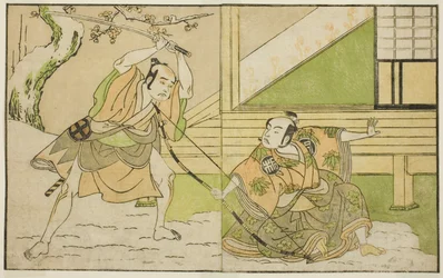Gli attori Arashi Sangoro II come Hojo Tokiyori (destra), e Otani Hiroji III come Koga Saburo (sinistra), nella commedia Kono Hana Yotsugi no Hachi no Ki, rappresentata al Teatro Ichimura nell