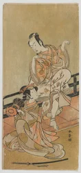 Gli attori Arashi Sangoro II come Tadanobu e Segawa Kikunojo III come Shizuka Gozen nella commedia Yoshitsune e i Mille Alberi di Ciliegio, periodo Edo