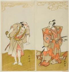Gli attori Bando Mitsugoro I come Hata no Kawakatsu (destra), e Otani Hiroemon III come il servitore (Yakko) Gansuke (sinistra), nella commedia Miya-bashira Iwao no Butai, rappresentata al Teatro Morita dal quindicesimo giorno di t