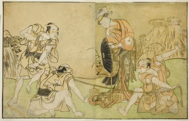 Gli attori Bando Zenji I come Nagahashi Saburo, Iwai Hanshiro IV come Otatsu-gitsune, Nakamura Konozo come Hagai Ujitsune e un attore non identificato (da destra a sinistra), nella commedia Nue no Mori Ichiyo no Mato, rappresentata al Teatro Nakamura nell