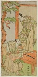 Gli attori Ichikawa Danjuro V come Momonoi Wakasanosuke (destra) e Nakamura Nakazo I come Kakogawa Honzo (sinistra), nella commedia Kanadehon Chushingura, rappresentata al Teatro Nakamura nel quinto mese, 1771