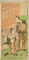 Gli attori Ichikawa Komazo II come Soga no Juro Sukenari (destra), e Ichikawa Danjuro V come Soga no Goro Tokimune (sinistra), in abiti Komuso, nella commedia Sakaicho Soga Nendaiki, eseguita al Teatro Nakamura nel primo mese, 1771