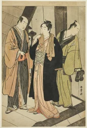 Gli attori Ichikawa Monnosuke II (sinistra), Iwai Hanshiro IV (centro) e Iwai Karumo (?) (destra), su un molo dietro le quinte