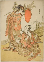 Gli Attori Ichikawa Monnosuke II e Segawa Kikunojo III come gli Amanti Seijuro (destra) e Onatsu (sinistra), nella Scena della Fuga "Michiyuki Hiyoku no Kiku-cho" (Una Fuga: Amanti Crisantemo e Farfalla), un Intermezzo di Danza dalla Parte Due della Commed