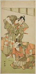 Gli attori Ichikawa Yaozo II come Konoshita Hyokichi (?), e Sakata Hangoro II come Matsunaga Daizen Hisahide (?), nella commedia Gion Sairei Shinko Ki (?), rappresentata al Teatro Ichimura (?) nel quinto mese del 1775 (?)