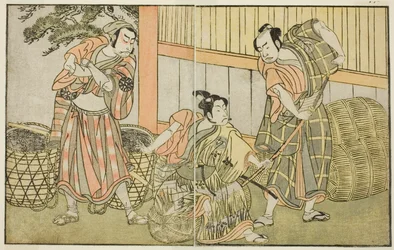 Gli attori Kasaya Matakuro II come Hagun Taro (destra), Ichikawa Monnosuke II come Izutsu no Suke Narihira (centro), e Nakamura Nakazo I come Kose no Kanaoka travestito da Sogoro il carbonaro, nella commedia Kuni no Hana Ono no Itsumoji, rappresentata al N
