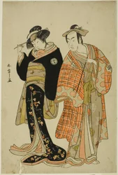 Gli attori Matsumoto Koshiro IV e Segawa Kikunojo III come gli amanti Choemon (destra) e Ohan (sinistra), nella scena della fuga "Michiyuki Segawa no Adanami" (Una fuga: Onde traditrici nel fiume poco profondo), un interludio di danza dalla Parte Due del d