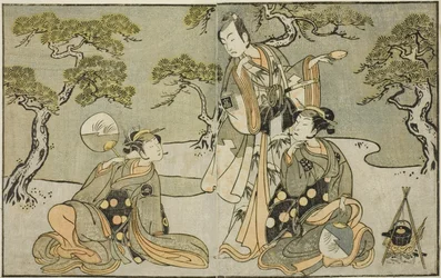 Gli Attori Nakamura Nakazo I come Matsukaze (destra), Ichikawa Komazo II come Ariwara no Yukihira (centro), e Iwai Hanshiro IV come Murasame (sinistra), nella Commedia Kuni no Hana Ono no Itsumoji, rappresentata al Teatro Nakamura nell