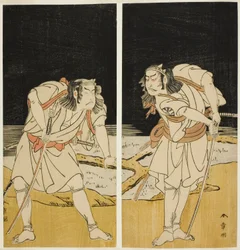 Gli Attori Nakamura Nakazo I come Omi no Kotoda (destra), e Otani Hiroji III come Bamba no Chuda (sinistra), nel Joruri "Sono Chidori Yowa no Kamisuki" (I Pivieri: Pettinarsi i Capelli a Mezzanotte), dalla Parte Due della Commedia O-atsurae-zome Soga no Hi