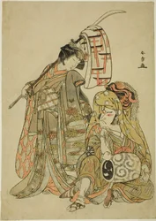 Gli attori Nakamura Nakazo I come Onmaya Kisanda vestito da Kakubei il danzatore del leone (Kakubei-jishi) (destra) e Segawa Kikunojo III come Shizuka Gozen (sinistra), nella sequenza di danza "Myoto-zake Kawaranu Nakanaka" (Armonia eterna della coppa matr