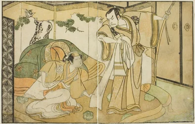 Gli attori Nakamura Nakazo I come Taira no Kiyomori (destra), e Yamashita Kinsaku II come Tokiwa Gozen (sinistra), nella commedia Nue no Mori Ichiyo no Mato, rappresentata al Teatro Nakamura nell