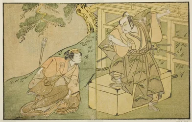 Gli attori Onoe Matsusuke I come Akaboshi Taro (a destra), e Azuma Tozo II come Shirotae (a sinistra), nella commedia Kono Hana Yotsugi no Hachi no Ki, rappresentata al Teatro Ichimura nell