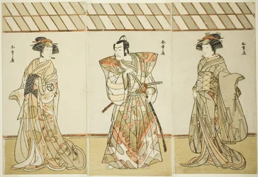 Gli attori Onoe Tamizo I come Nishikigi (?) o Otae (?) (destra), Ichikawa Danjuro V come Miura Heidayu Kunitae (?) (centro), e Osagawa Tsuneyo II come Oyuki (?) (sinistra), nella commedia Date Nishiki Tsui no Yumitori (?), rappresentata al Teatro Morita (?