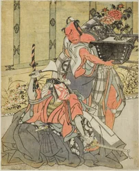 Gli attori Otani Hiroemon III come Shinagawa Okaminosuke (destra), e Ichikawa Danjuro V come Arashishi Otokonosuke (sinistra), nella commedia Fuki Kaete Tsuki mo Yoshiwara