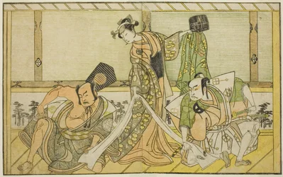 Gli attori Otani Hiroji III come Kawazu no Saburo (destra), Segawa Kikunojo II come Principessa Tatsu (Tatsu Hime) (centro), e Nakamura Sukegoro II come Matano no Goro (sinistra), nella commedia Myoto-giku Izu no Kisewata, rappresentata al Teatro Ichimura 